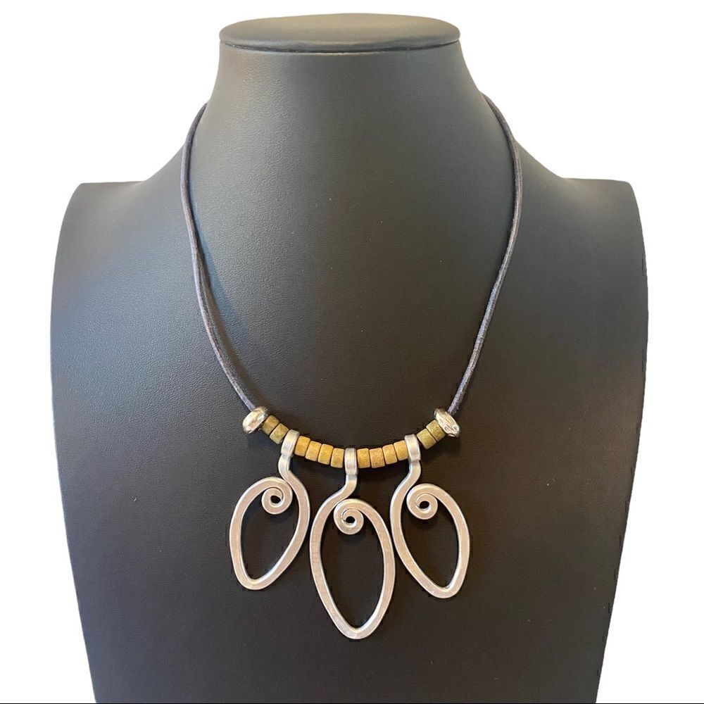 “Spoon” Necklace with beads on black leather cord. Cool & Unique